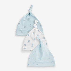 Blue/White Bear Baby Tie Top 100% Cotton Hats 3 Pack (0-6mths)