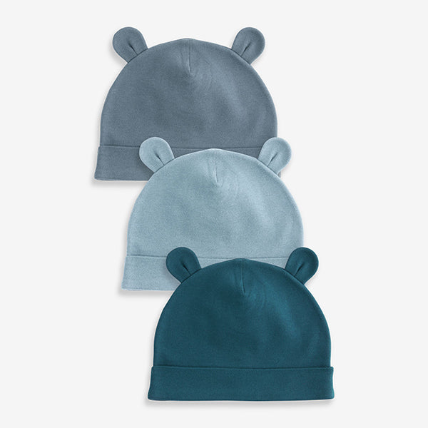 Mid Blue Baby 100% Cotton Beanies 3 Pack (0-18mths)