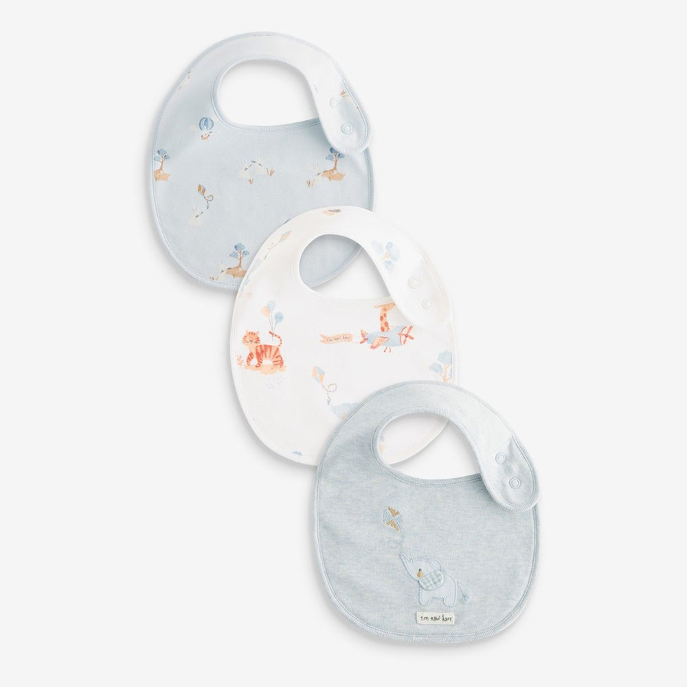 Blue Delicate Elephant Baby 100% Cotton Bibs 3 Pack