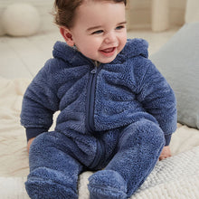 Load image into Gallery viewer, Navy Baby Cosy Zip Lined Hooded Fleece All-In-One (0mths-18mths)
