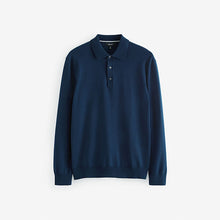 Load image into Gallery viewer, Blue Navy Regular Fit Knitted Long Sleeve Polo Shirt
