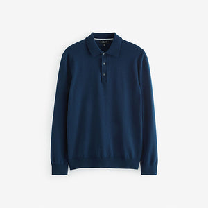 Blue Navy Regular Fit Knitted Long Sleeve Polo Shirt