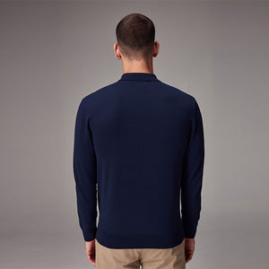 Blue Navy Regular Fit Knitted Long Sleeve Polo Shirt