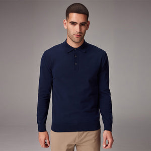 Blue Navy Regular Fit Knitted Long Sleeve Polo Shirt