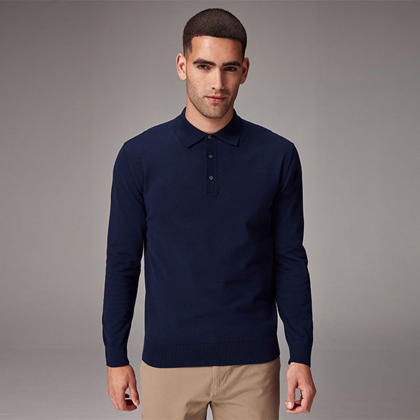 Blue Navy Regular Fit Knitted Long Sleeve Polo Shirt