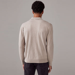 Neutral Regular Fit Knitted Long Sleeve Polo Shirt