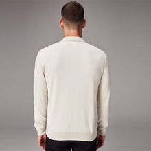 Load image into Gallery viewer, White Ecru Regular Fit Knitted Long Sleeve Polo Shirt
