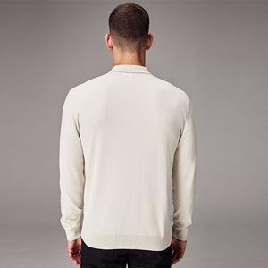 White Ecru Regular Fit Knitted Long Sleeve Polo Shirt