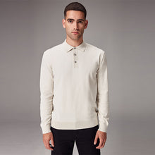 Load image into Gallery viewer, White Ecru Regular Fit Knitted Long Sleeve Polo Shirt
