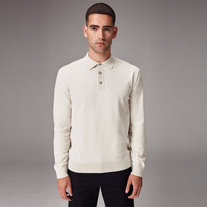 White Ecru Regular Fit Knitted Long Sleeve Polo Shirt