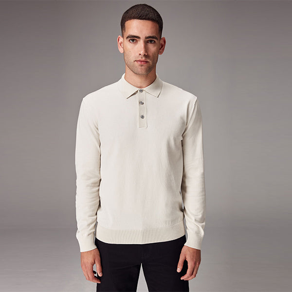 White Ecru Regular Fit Knitted Long Sleeve Polo Shirt