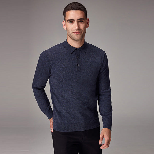 Blue Marl Regular Fit Knitted Long Sleeve Polo Shirt
