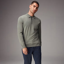 Load image into Gallery viewer, Green Sage Regular Fit Knitted Long Sleeve Polo Shirt
