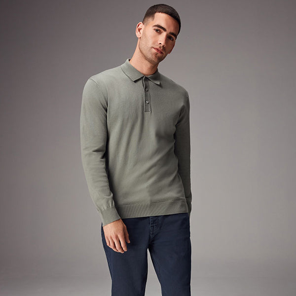 Green Sage Regular Fit Knitted Long Sleeve Polo Shirt