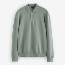 Load image into Gallery viewer, Green Sage Regular Fit Knitted Long Sleeve Polo Shirt
