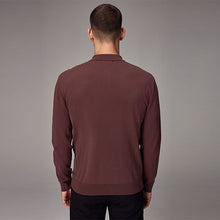 Load image into Gallery viewer, Red/Brown Regular Fit Knitted Long Sleeve Polo Shirt
