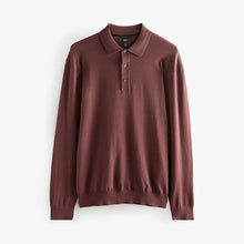 Load image into Gallery viewer, Red/Brown Regular Fit Knitted Long Sleeve Polo Shirt
