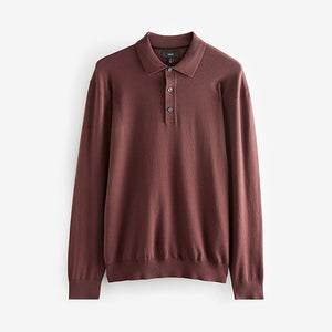 Red/Brown Regular Fit Knitted Long Sleeve Polo Shirt