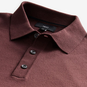 Red/Brown Regular Fit Knitted Long Sleeve Polo Shirt