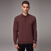 Load image into Gallery viewer, Red/Brown Regular Fit Knitted Long Sleeve Polo Shirt
