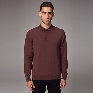 Red/Brown Regular Fit Knitted Long Sleeve Polo Shirt