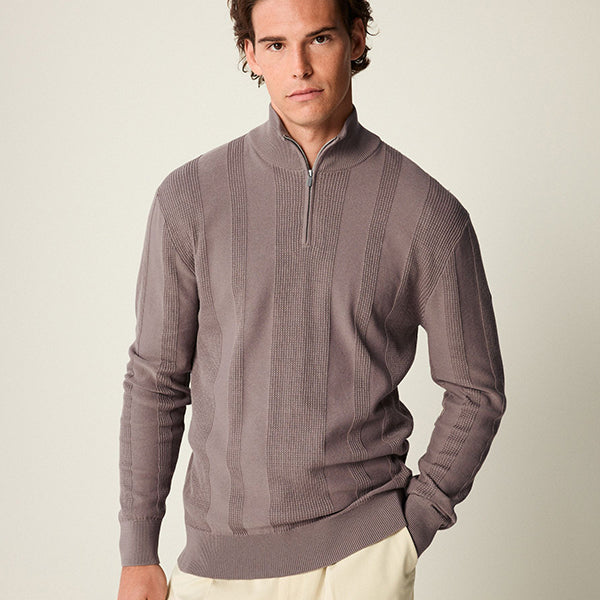 Dark Brown Texture 100% Cotton Regular Fit Quarter Zip Jumper