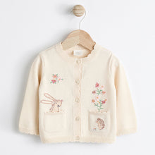 Load image into Gallery viewer, Cream Bunny 100% Cotton Pointelle Knitted Floral Flower Baby Cardigan (0mths-18mths)
