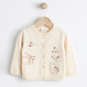 Cream Bunny 100% Cotton Pointelle Knitted Floral Flower Baby Cardigan (0mths-18mths)