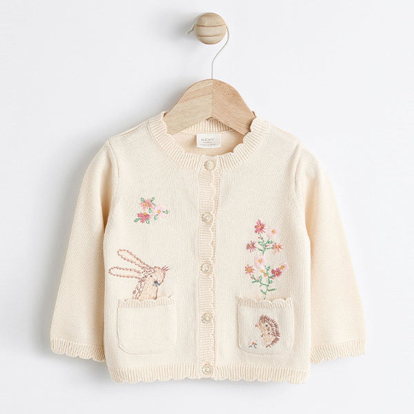 Cream Bunny 100% Cotton Pointelle Knitted Floral Flower Baby Cardigan (0mths-18mths)