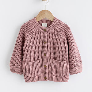 Pink Back Slogan Embroidered Baby Knitted Cardigan