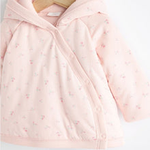 Load image into Gallery viewer, Pink Hooded Cosy Jersey Wadded Baby Wrap Jacket (0-18mths)
