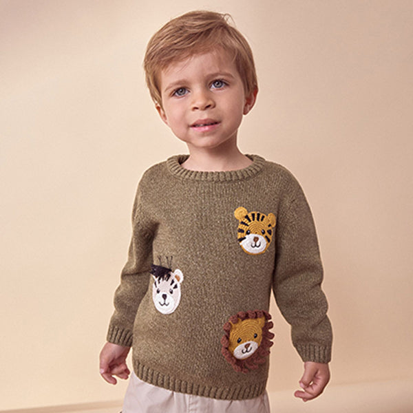 Khaki Green Safari Animals Crew Neck Knitted 100% Cotton Jumper (6mths-5yrs)