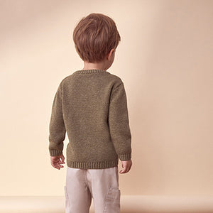 Khaki Green Safari Animals Crew Neck Knitted 100% Cotton Jumper (6mths-5yrs)
