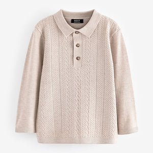 Ecru Long Sleeve Cable Polo Shirt (3mths-7yrs)