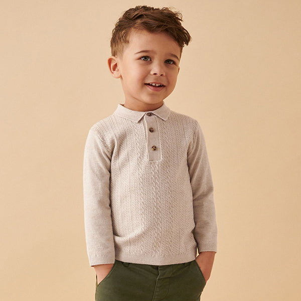Ecru Long Sleeve Cable Polo Shirt (3mths-7yrs)
