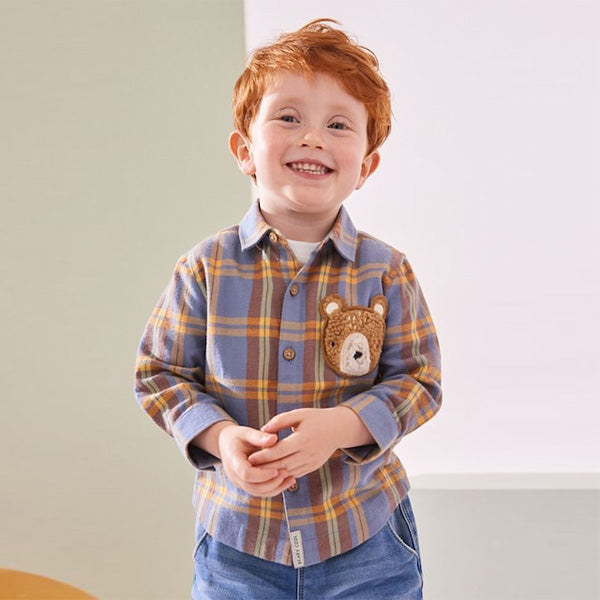 Blue/Yellow Character Pocket shirt Long Sleeve Check 100% Cotton Shirt (3mths-6yrs)