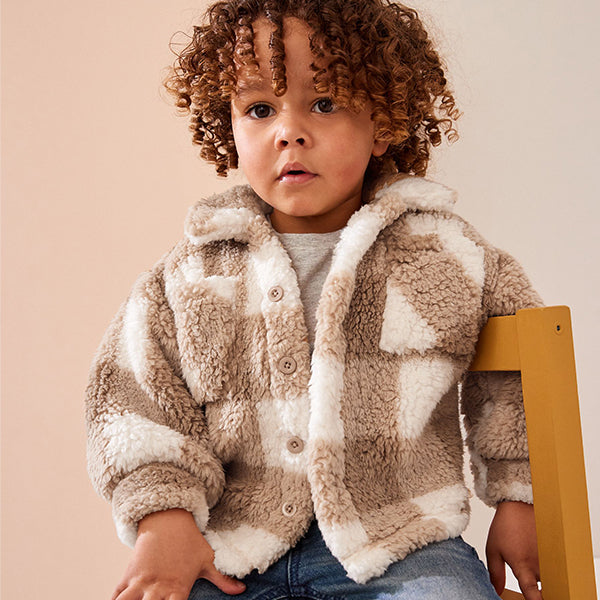 Tan Brown Checkerboard Borg Fleece Shacket (3mths-6yrs)