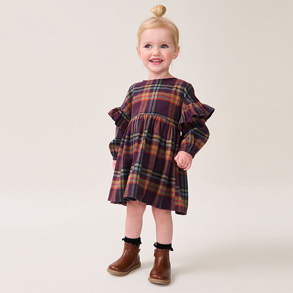 Purple 100% Cotton Check Frill Dress (3mths-6yrs)