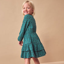 Load image into Gallery viewer, Green Ditsy Tiered Printed Dress (3-12yrs)
