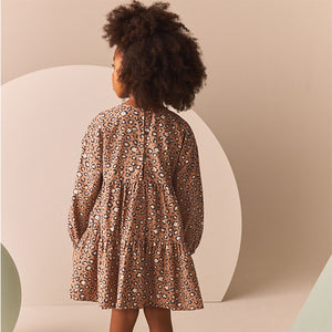 Animal Print Long Sleeve Tiered 100% Cotton Dress (3-12yrs)
