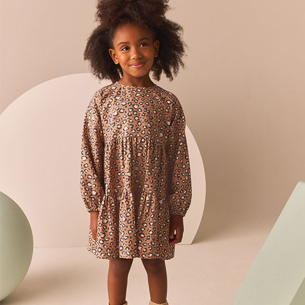 Animal Print Long Sleeve Tiered 100% Cotton Dress (3-12yrs)