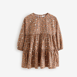 Animal Print Long Sleeve Tiered 100% Cotton Dress (3-12yrs)