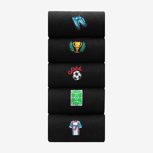 Black Football Fun Embroidered Socks 5 Pack