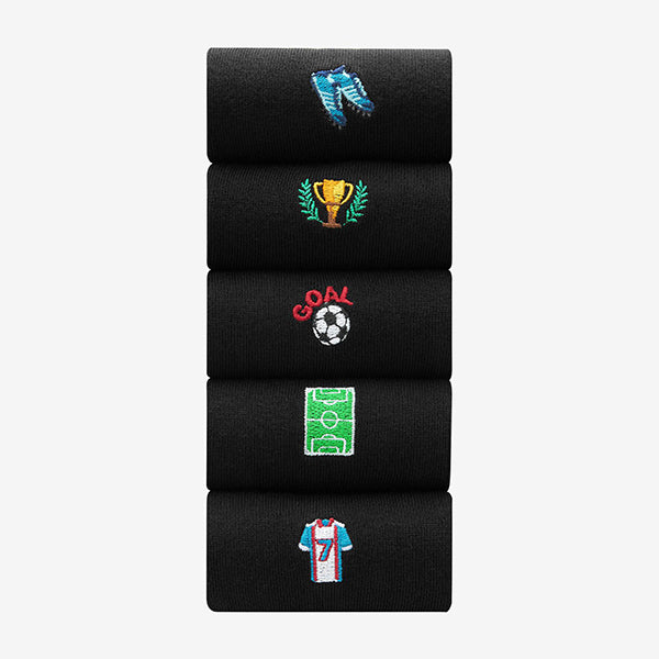 Black Football Fun Embroidered Socks 5 Pack
