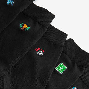 Black Football Fun Embroidered Socks 5 Pack