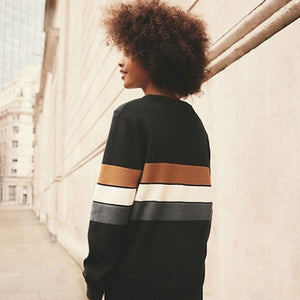 Neutral/Navy Stripe Long Sleeve 100% Cotton Crew Neck Jumper (3-12yrs)