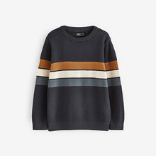 Load image into Gallery viewer, Neutral/Navy Stripe Long Sleeve 100% Cotton Crew Neck Jumper (3-12yrs)
