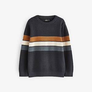Neutral/Navy Stripe Long Sleeve 100% Cotton Crew Neck Jumper (3-12yrs)