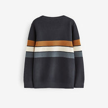 Load image into Gallery viewer, Neutral/Navy Stripe Long Sleeve 100% Cotton Crew Neck Jumper (3-12yrs)
