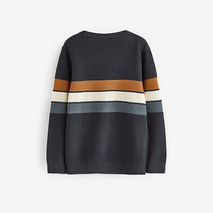 Neutral/Navy Stripe Long Sleeve 100% Cotton Crew Neck Jumper (3-12yrs)